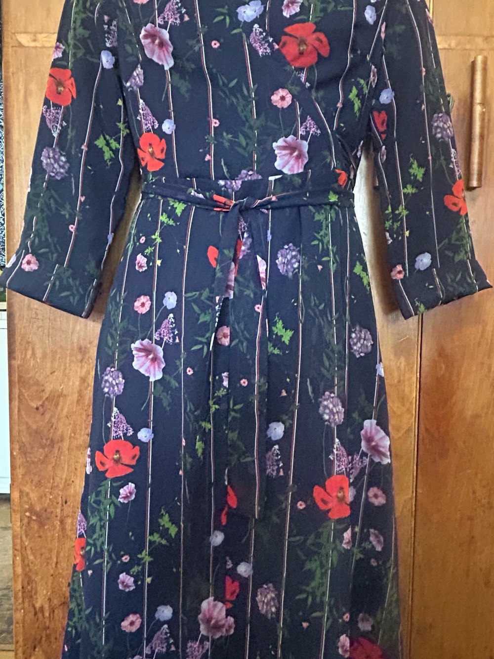 Ted Baker Poppy Print Chiffon Wrap Midi Dress Flouncy Cuffed Sleeves Preppy